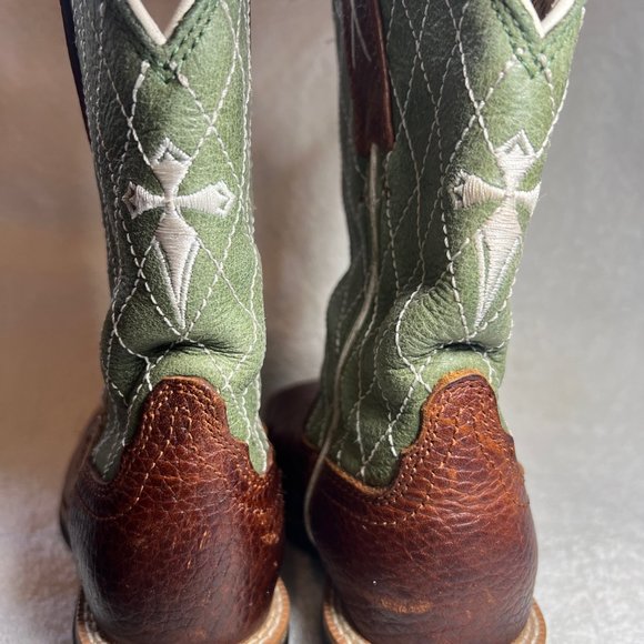 Twisted X Brown & Green Cross  Leather Cowboy Boots-Pull on-Embroidered- - Picture 5 of 12